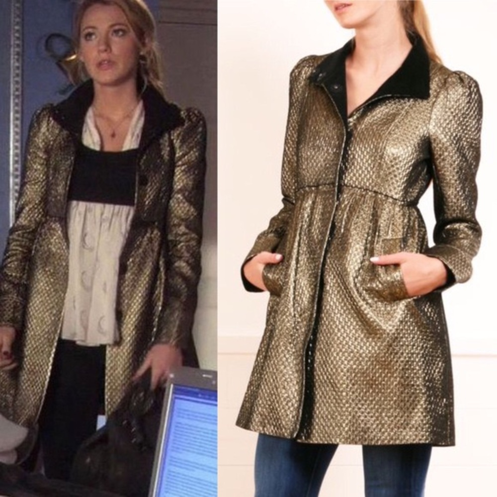 Alice + Olivia gold and black embroidered coat worn by Selena on Gossip Girl.
